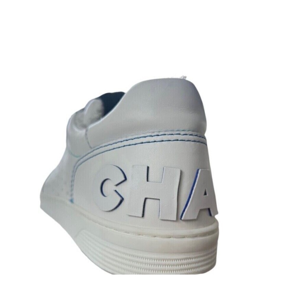 CHANEL Calfskin Men’s Logo Trainer White Blue - Picture 8 of 13